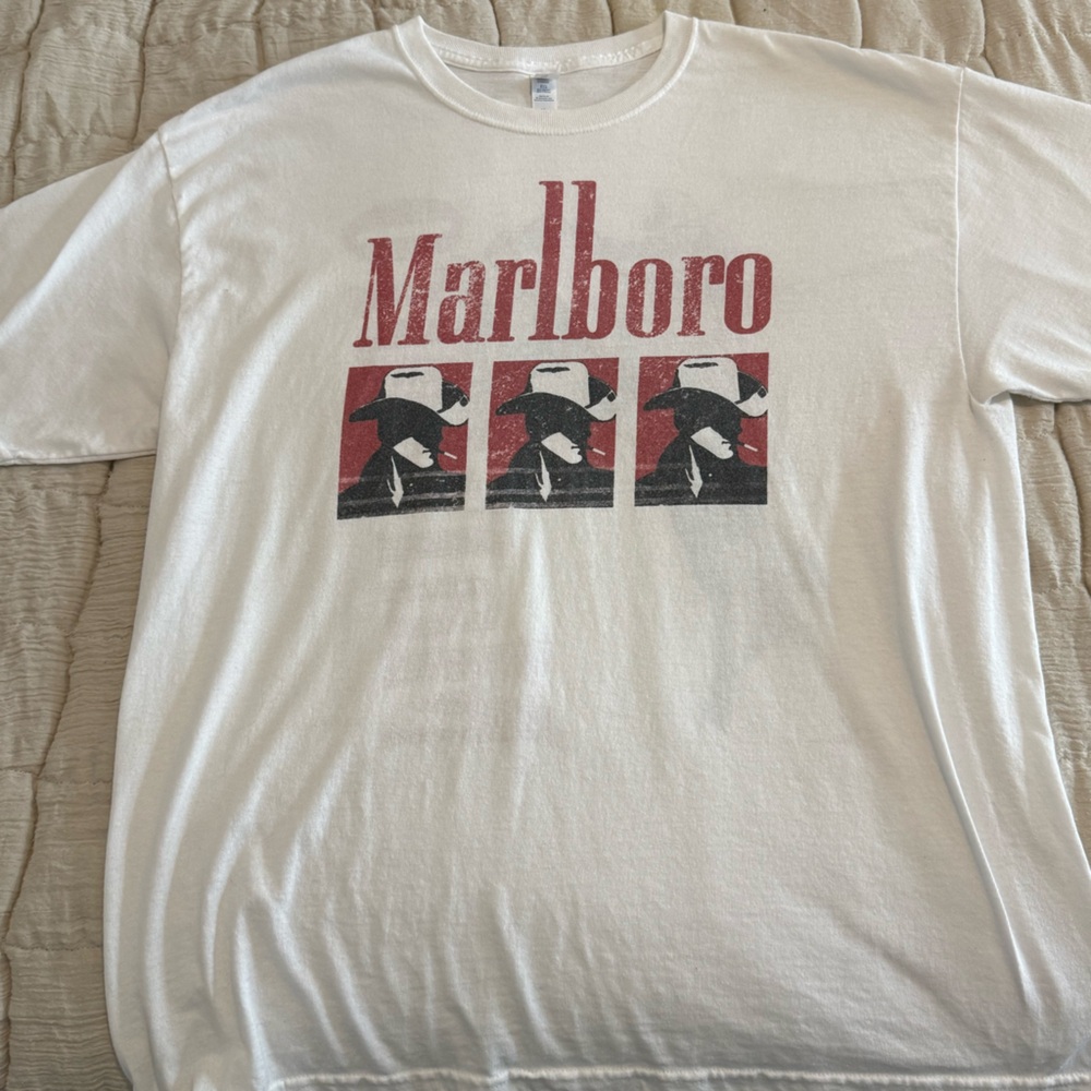 Marlboro White Tee with Red and Black Panel Graphic